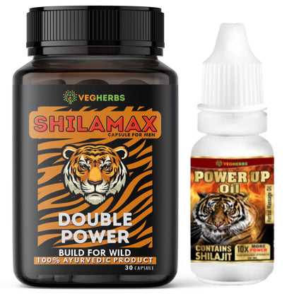 VegHerbs Shilamax Capsules and Power Up Oil for Men | Double Power & Long Time Ayurvedic Product 30 Caps and 15ml Dropper