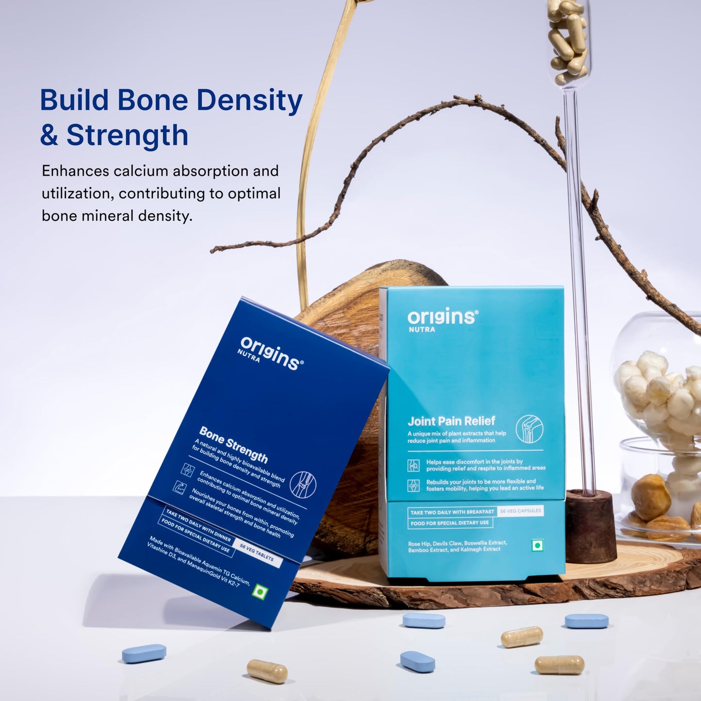 Origins Nutra Bone Strength | Builds Bone Density, Helps Joints Flexibility | Aquamin Tg, Natural Vi| GMP Certified | For Men & Women | 56 Veg Tablets