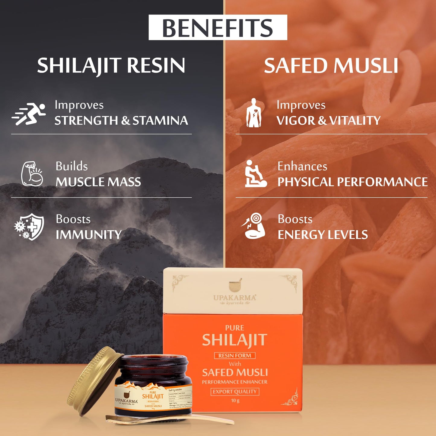 UPAKARMA Ayurveda 100% Ayurvedic, Original & Pure Shilajit/Shilajeet Resin Form with Safed Musli - 10g