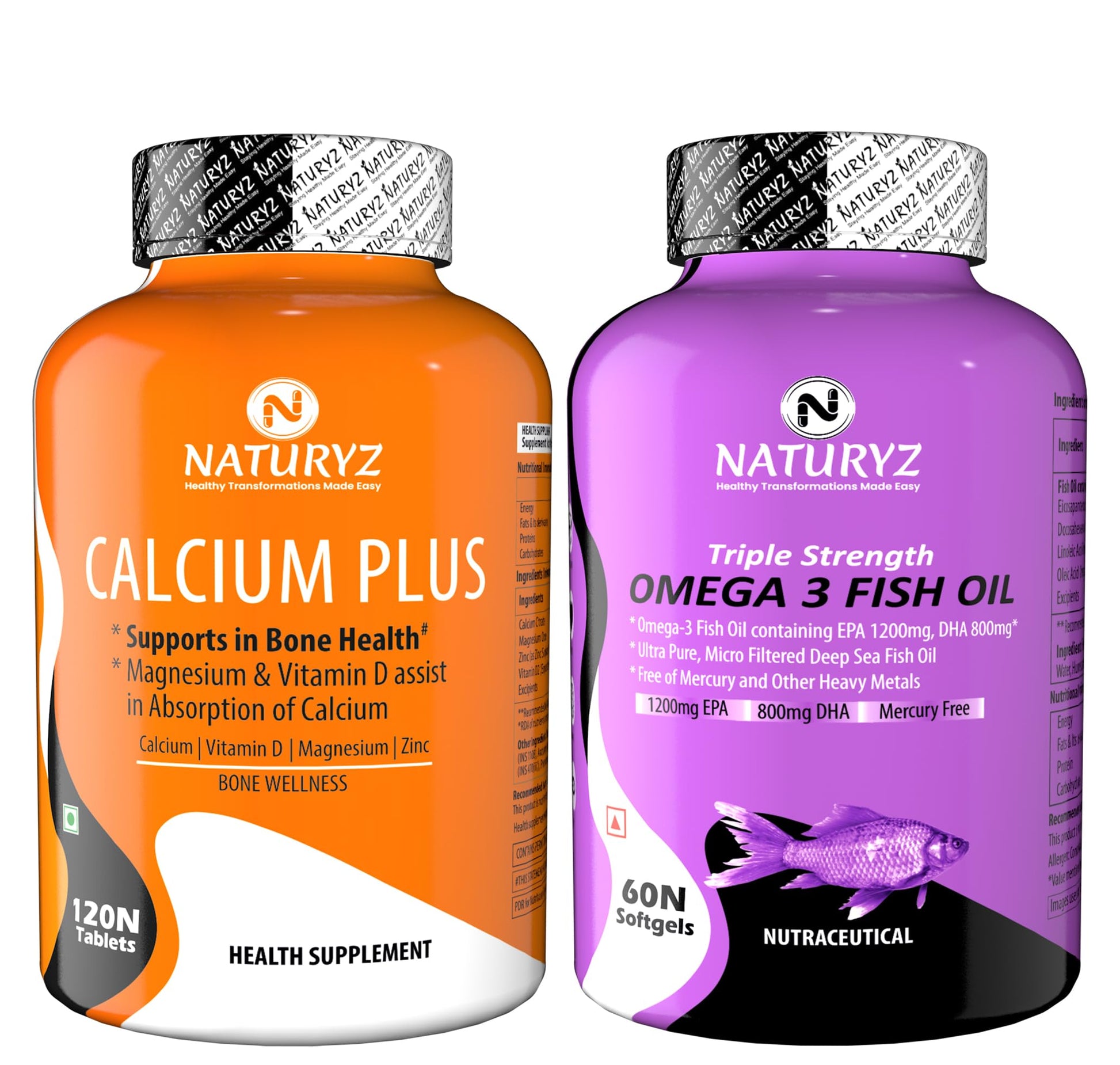 Naturyz Calcium Plus with Vitamin D Magnesium Zinc Supplement for Bone Health & Triple Strength Omeg500mg with Highest Strength (EPA 1200mg DHA 800mg)