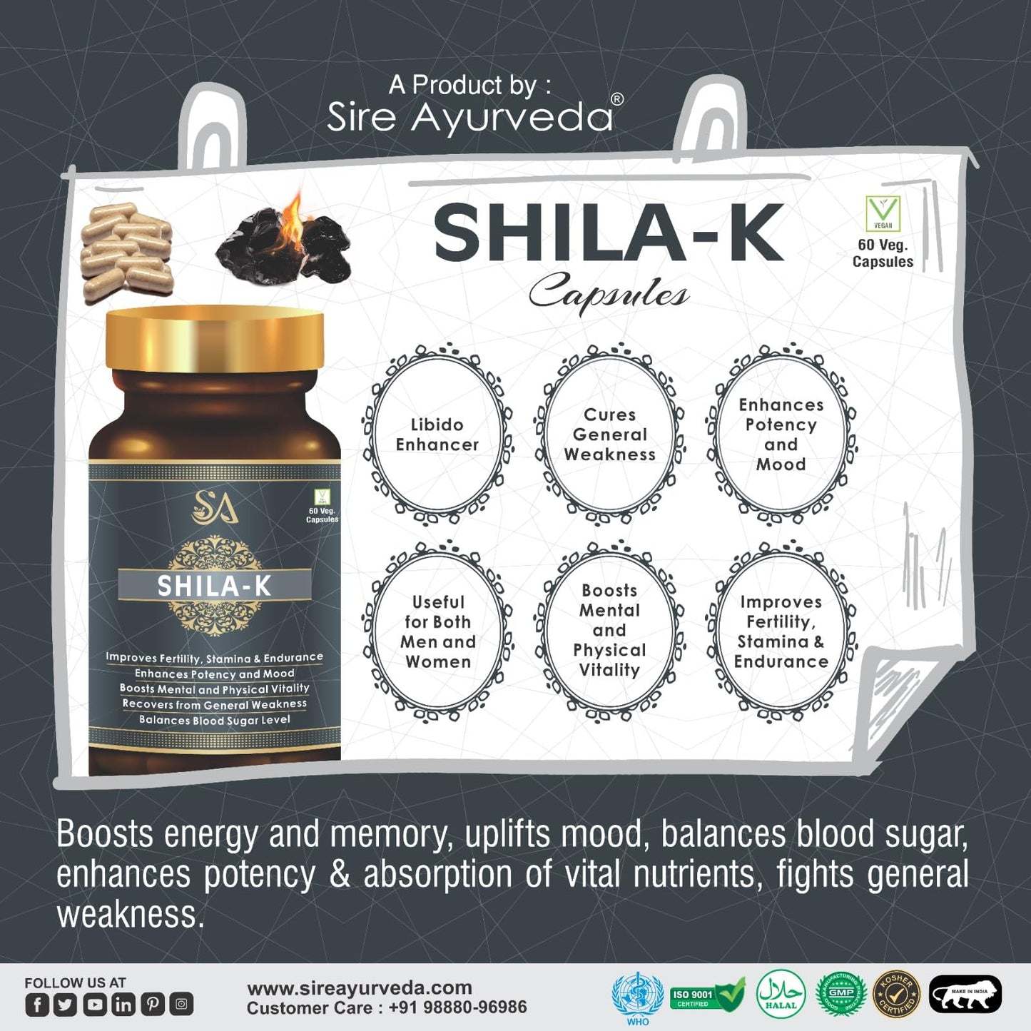 Sire Ayurveda Shila-k 60 Shilajit Capsules | Vegetarian Shilajeet - Power, Strength, Stamina Booster Supplements for Men