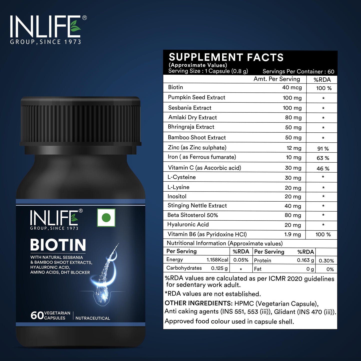 INLIFE Biotin Supplement for Hair | DHT Blocker with Sesbania, Bamboo Shoot, Bhringraj, Zinc, Vitamin - 60 Veg Capsules (Biotin with Herbs, Pack of 1)