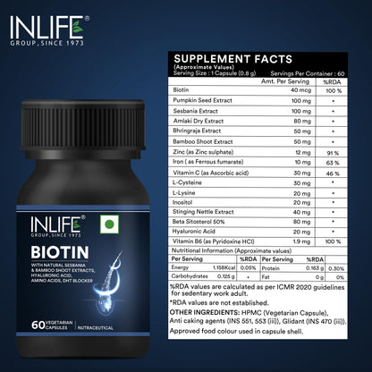 INLIFE Biotin Supplement for Hair | DHT Blocker with Sesbania, Bamboo Shoot, Bhringraj, Zinc, Vitamin - 60 Veg Capsules (Biotin with Herbs, Pack of 1)