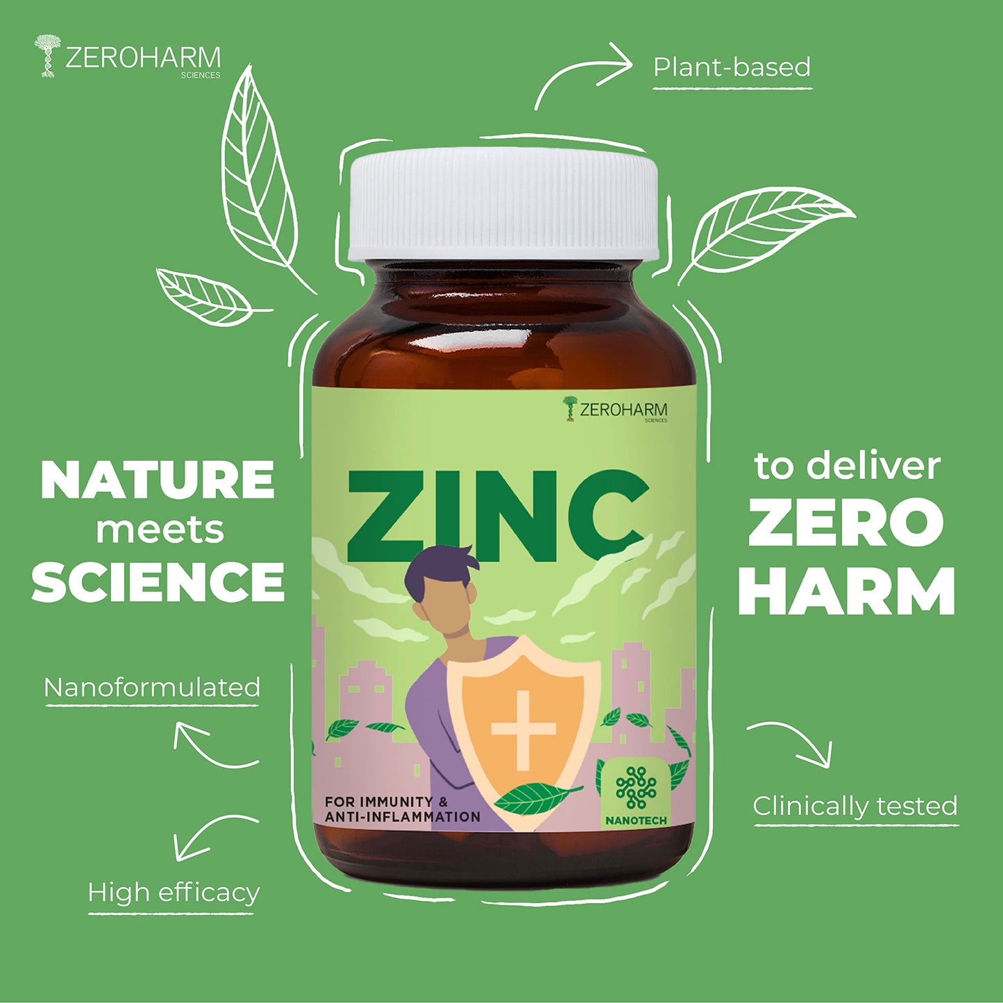 ZEROHARM Zinc tablets | Plant based Zinc supplement | Strengthens immunity | Healthier skin | Reduceproves iron absorption | Healthy heart functioning