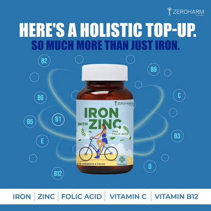 ZEROHARM Iron with Zinc & Folic Acid tablets | Plant based Iron Folic Zinc | Iron supplements for anances brain function | Boosts athletic performance