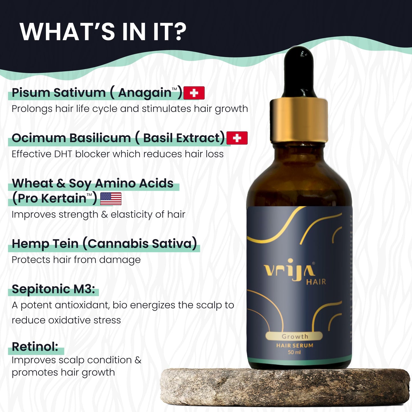 Vrija Growth Hair Serum Loaded With Anagain, DHT Blockers & Essential Nutrients Rescue Hair Fall, Both Adds Volume for Women and Men 50 ml (Pack Of 1)