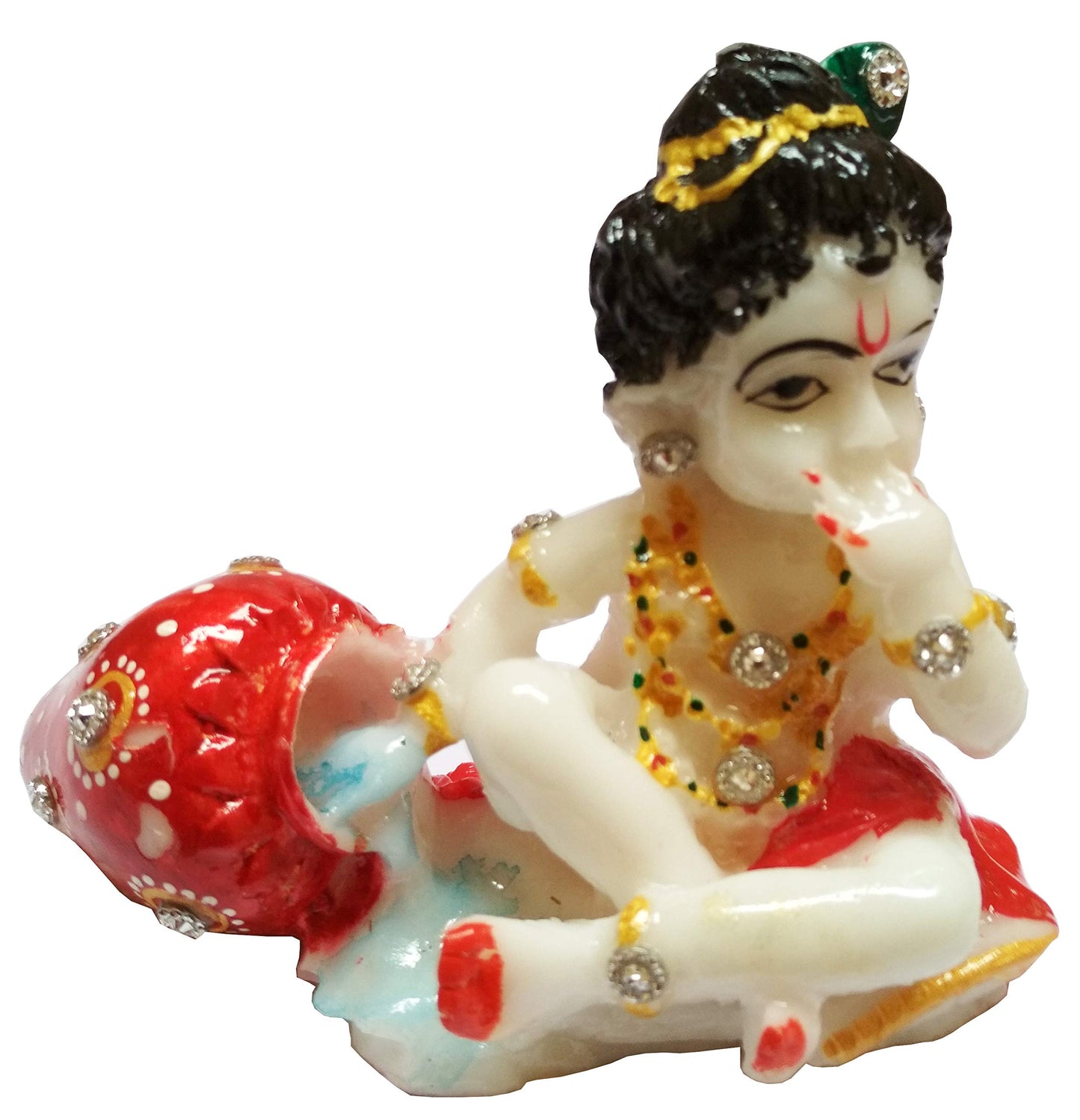 Purpledip Marble Statue Lord Krishna: Painted Makahan Chor Idol on Chowki (11566)