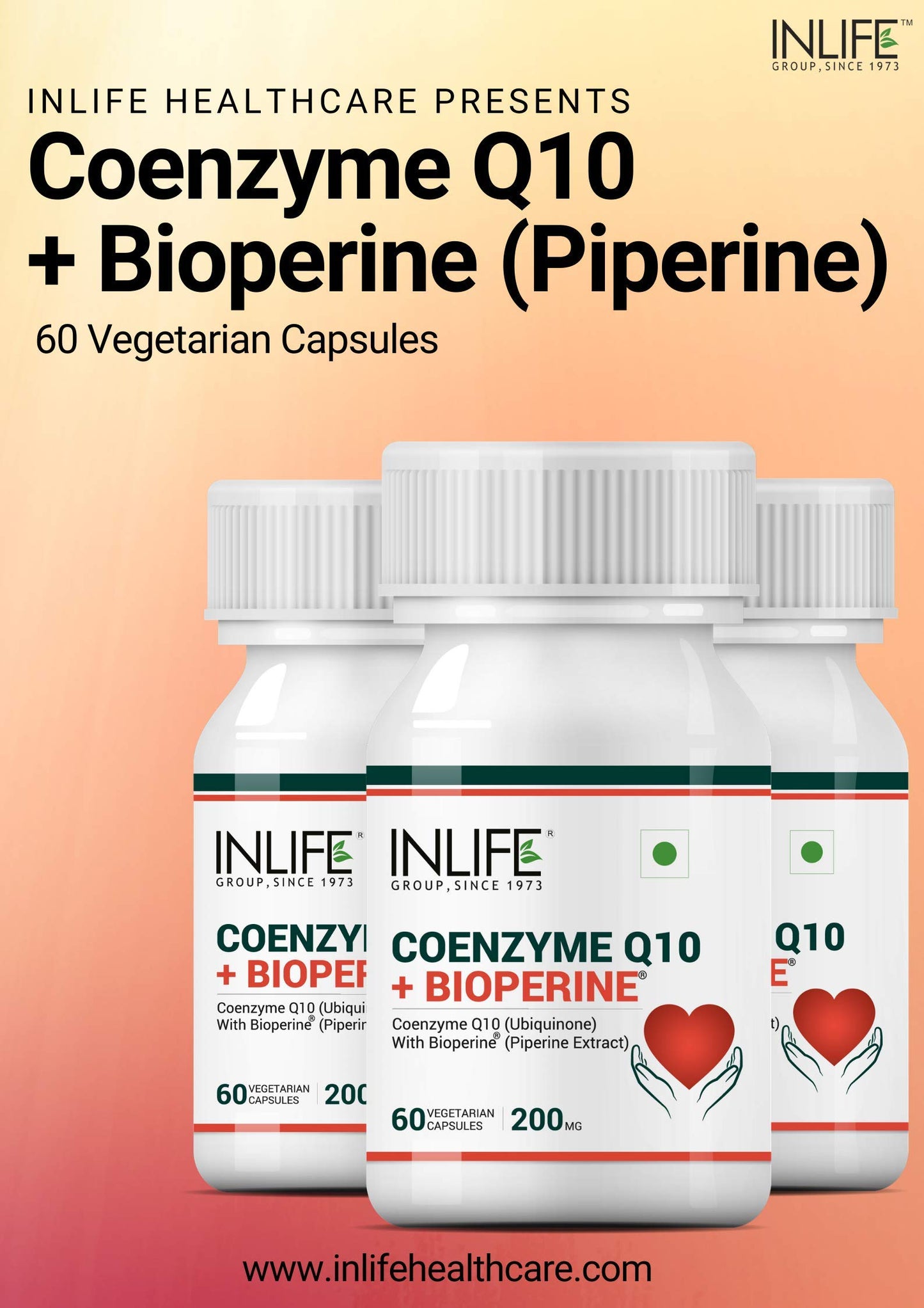 INLIFE Coenzyme Q10 CoQ10 200mg with Bioperine (Piperine) 8mg Supplement - 60 Vegetarian Capsules (200mg)