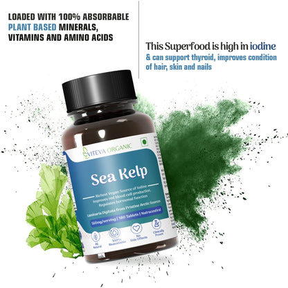 Viteva Organic Sea Kelp 187mg 150ug Iodine - Pack of 180 Tablets | Geothermally Dried Pure Laminaria Digitata | Richest Vegan Source of Iodine