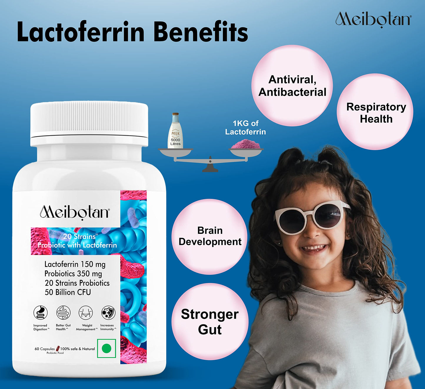 Meibotan lactoferrin supplement with Probiotics 50 Billion CFU For Men & Women with 20 Strains - Stilism, Digestion, Immunity Support- 60 Veg Capsules