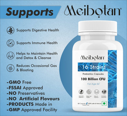 Meibotan Best Probiotics Supplement 16 Strains100 Billion CFU with Prebiotics For Men & Women - Gut  Detox & Cleanse - 60 Vegetarian Capsules, Age 40+