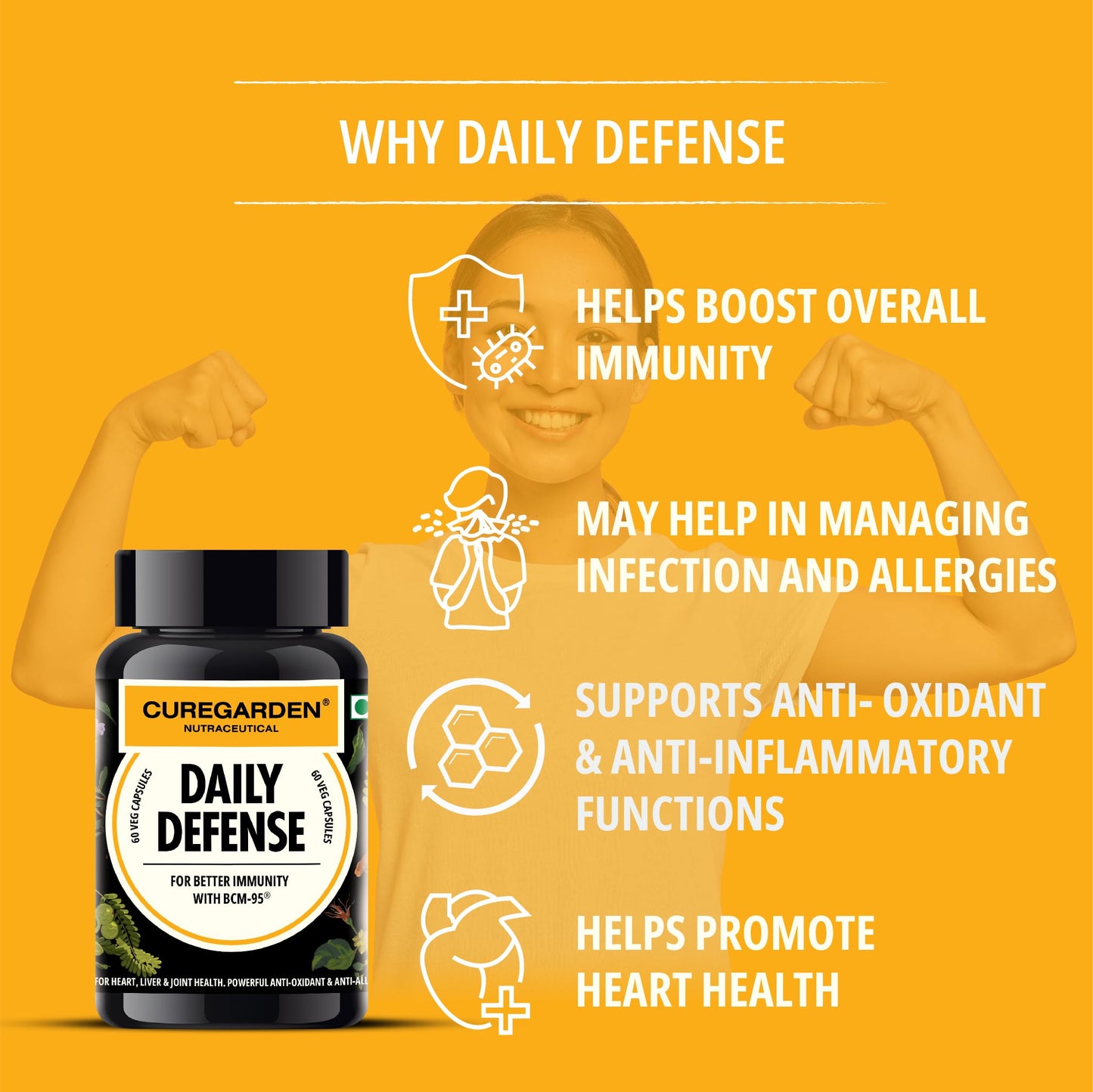 Curegarden Daily Defense Capsule, Natural Curcumin (Turmeric Extract) Supplement with BCM 95 for Immunity Booster & Anti-inflammatory Benefits 500mg