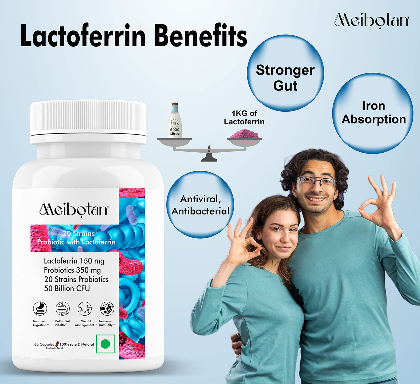 Meibotan lactoferrin supplement with Probiotics 50 Billion CFU For Men & Women with 20 Strains - Stilism, Digestion, Immunity Support- 60 Veg Capsules