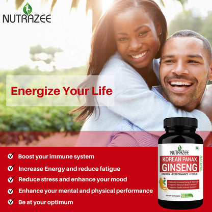 Nutrazee Korean Red Panax Ginseng 500mg - 90 Vegan Capsules Root Extract Powder Supplement for Energy Performance Focus and Stress for Men & Women