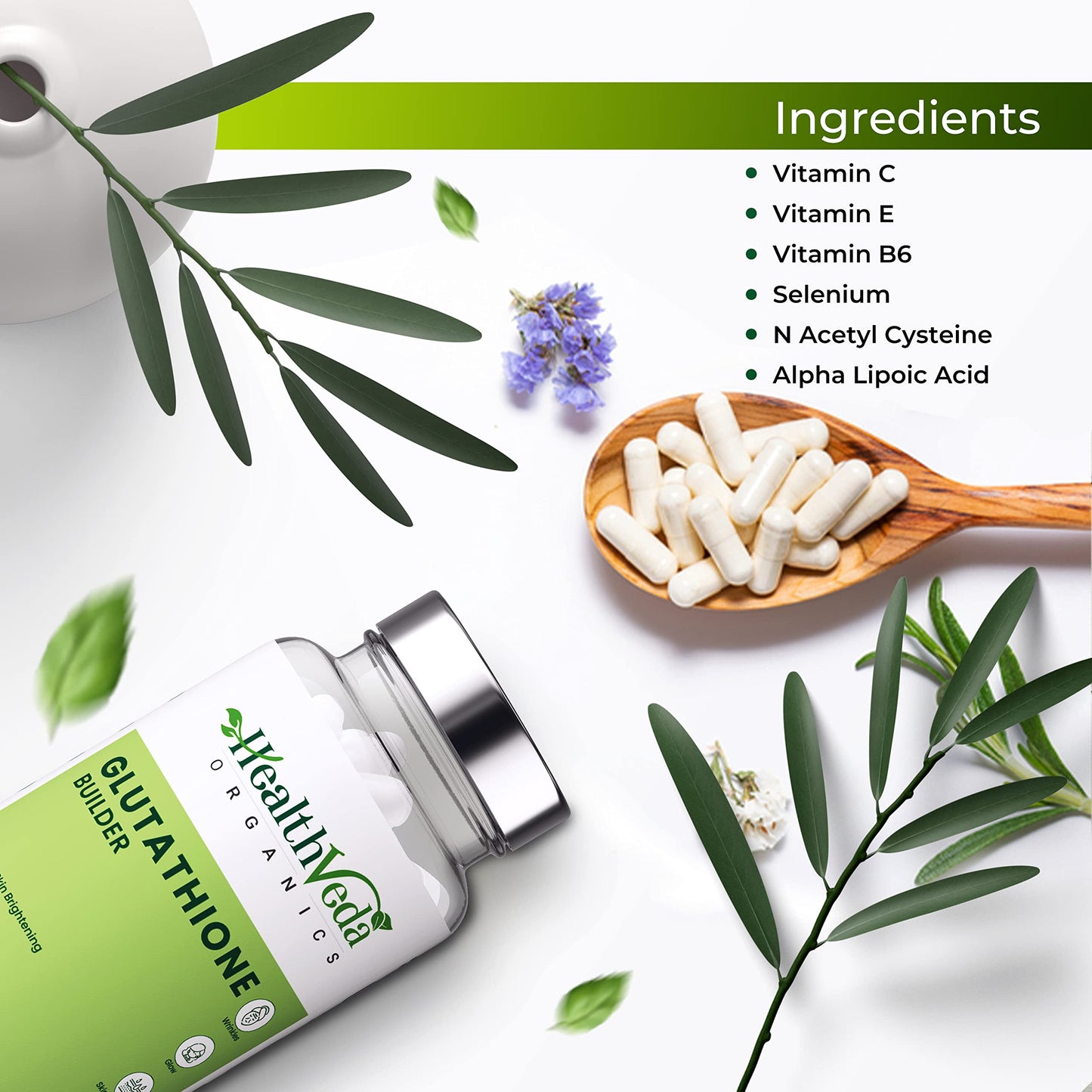 Health Veda Organics Plant Based Glutathione Builder | 60 Veg Capsules| Antioxidant Support for Anti Youthful & Brightening Skin| For Both Men & Women