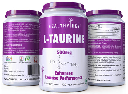 HealthyHey Nutrition L-Taurine (500 mg) Amino Acid Supplement -120 Vegetable Capsules