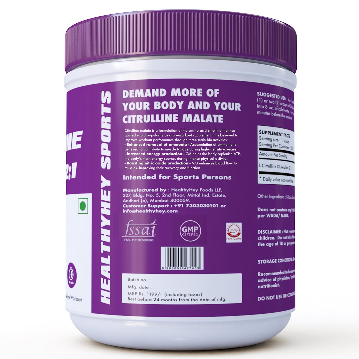 HealthyHey Sports Citrulline Malate 2:1-200 g, 100 Servings (Unflavoured)