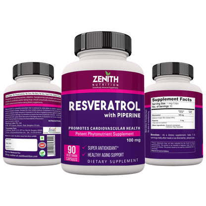Zenith Nutrition Resveratrol with Piperine 100mg - 90 Veg Capsules | Super Antioxidant | Promotes Cardiovascular Health