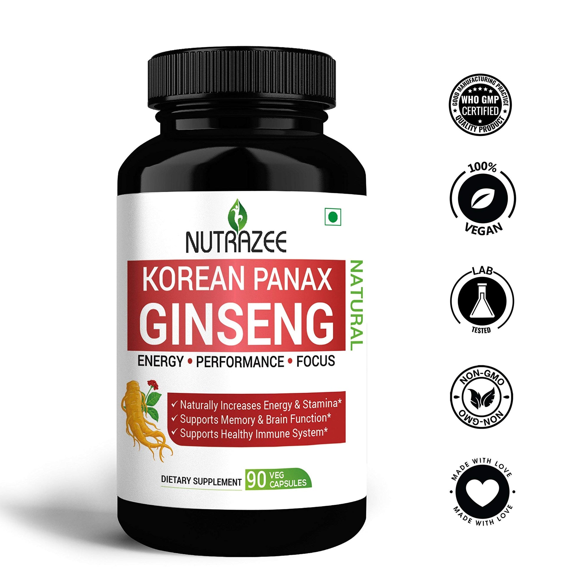 Nutrazee Korean Red Panax Ginseng 500mg - 90 Vegan Capsules Root Extract Powder Supplement for Energy Performance Focus and Stress for Men & Women