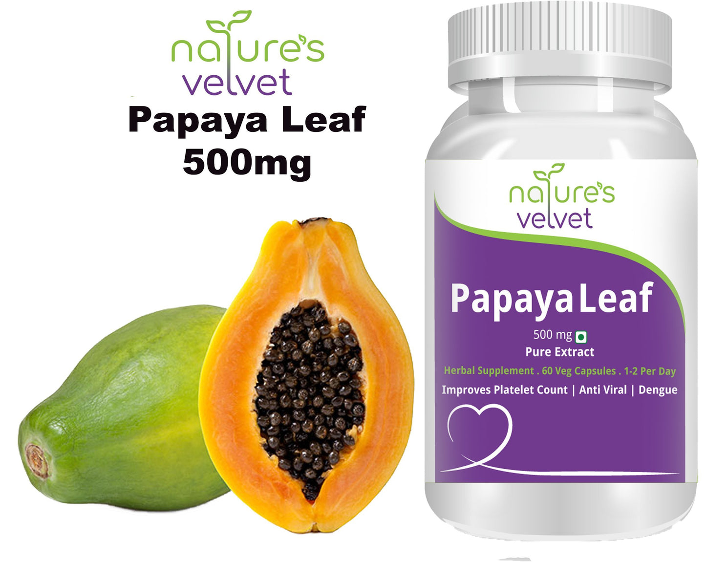 Natures Velvet Lifecare 500 mg Papaya Leaf Extract Tablet - 60 Capsules (Pack of 2)