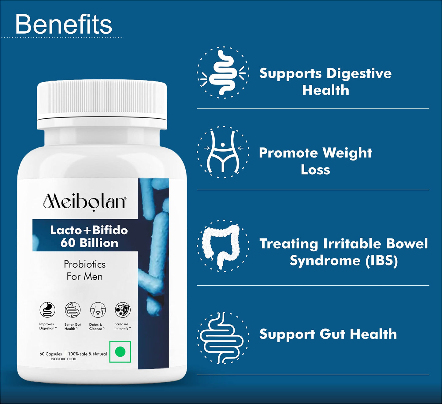 Meibotan Best Probiotics Supplement Lactobacillus with Bifidobacterium 14 Strains 60 Billion CFU ForSupport, Detox & Cleanse - 60 Vegetarian Capsules,