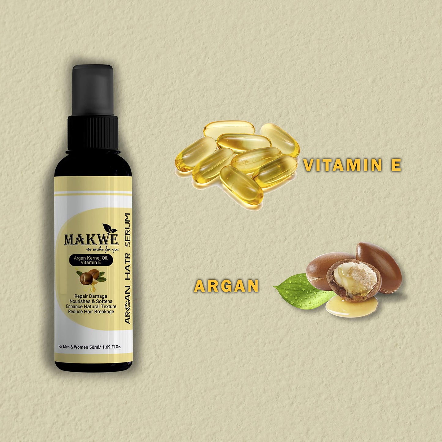 MAKWE Argan Hair Serum for Women & Men, All Hair Types,Smooth, Frizz free & Glossy Hair, With Moroccan Argan Oil & Vitamin E, 50 ml