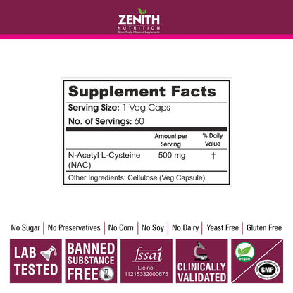 Zenith Nutrition NAC (N-Acetyl L-Cysteine) Lungs & Respiratory Support | Liver & Antioxidant Support 500mg - 60 Veg Capsules