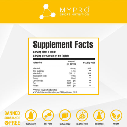 Mypro Sport Nutrition Vitamin - C & Zinc,Magnesium & D3 Chewable Tablet Promotes A Healthy Immune Sudly & Sugar Free,Immunity booster, For Men & Women