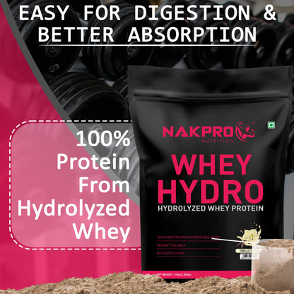 Nakpro HYDRO Whey Protein Hydrolyzed | 25.4g Protein, 5.8g BCAA | 1Kg Vanilla Flavour (30 Servings)