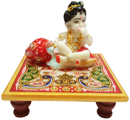 Purpledip Marble Statue Lord Krishna: Painted Makahan Chor Idol on Chowki (11566)