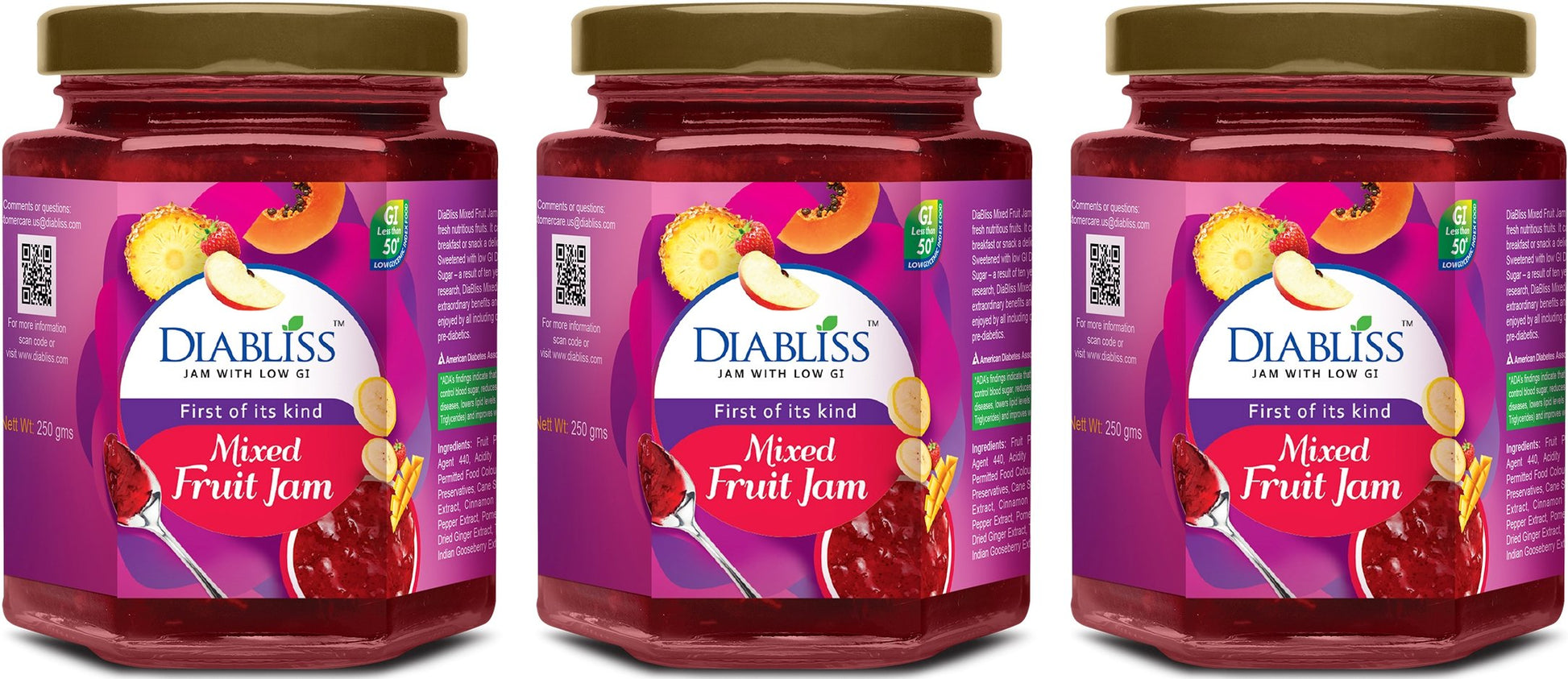 DIABLISS Diabetic Friendly Mixed Fruit Jam Made with Low GI Sugar - 250g Bottle Pack of 3 Combo