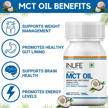 INLIFE Pure MCT Oil C8 C10 Keto Diet Friendly Advanced Products, Weight & Fat Management Food Supple0 Vegetarian Capsules (Pack of 1) (Pack of 2, 120)