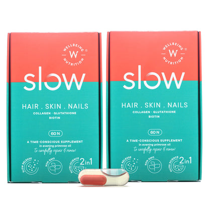 Wellbeing Nutrition Slow | Hair, Skin & Nails | Collagen, Glutathione, HLA, Biotin in Omega 3 and Evix, Hair Growth and Repair (60 Capsules Pack of 2)